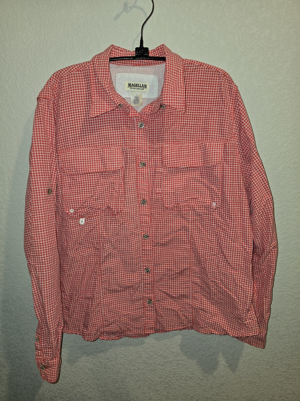 Magellan Sportswear Women's Coral Pink Grid Long Sleeve Fishing Shirt - Size L